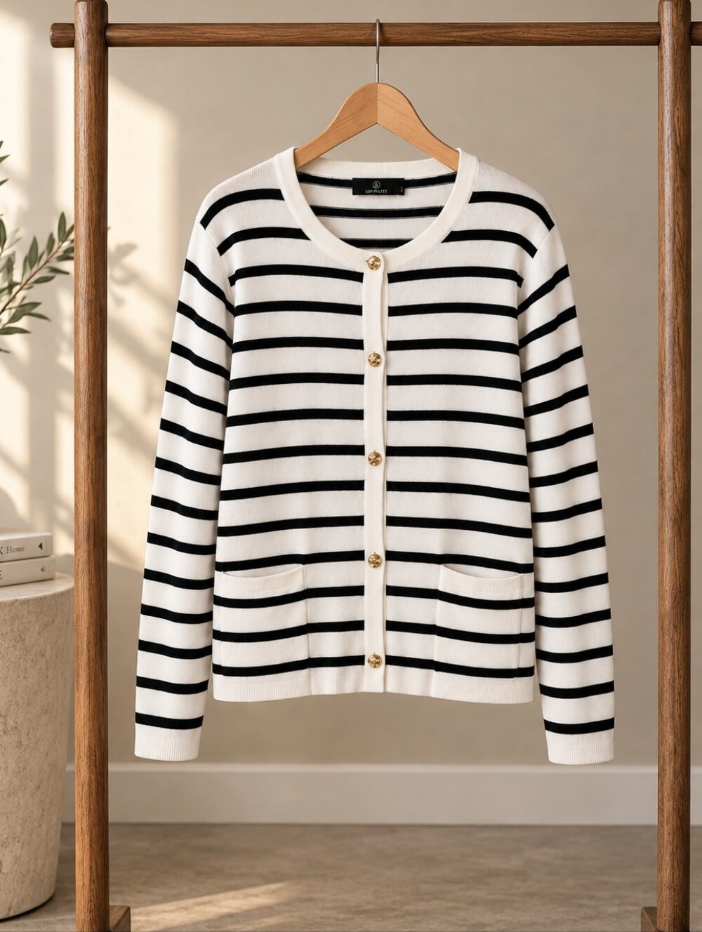 Lillusory Striped Cardigan Sweater XL Black White Gold Buttons